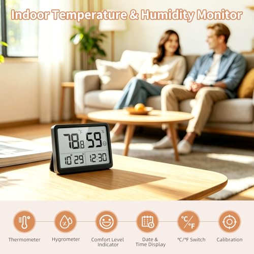 Digital Hygrometer, Humidity Meter, Temperature Monitor for Room | Calibration, Clock, 3.62 LCD, 3-Way Mount, 10s Refresh, Baby Room, Greenhouse, Guitar, CR2450 Battery, Comfort - color: Black
