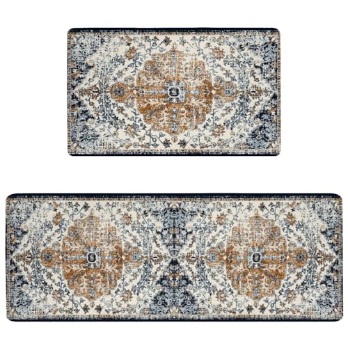 Boho Kitchen Mats, 2PCs, 17.3"x47"+17.3"x29", Dark Blue & Orange | Country Rustic Farmhouse Kitchen Rugs Decor Anti Fatigue, Non Slip Comfort Washable Waterproof, for Home, Sink, Laundry - color: Dark Blue
