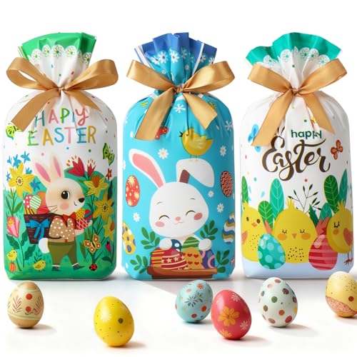 JOINDO 50 PCS Easter Bags, 6" x 9" Easter Goodie bags fit Treats and Small Gifts, Ribbon Drawstring Fast Packaging & Easy Use, Stand up Bottom, Opaque, 3 Patterns - color: Pattern 1