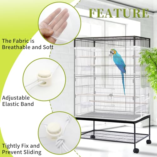 Daoeny 2PCS Bird Cage Seed Catcher, Large Bird Cage Cover, Adjustable Soft Airy Nylon Mesh, Birdcage Cover Skirt Seed Guard for Parrot Parakeet Macaw Round Square Cages (White & White) - color: White & White