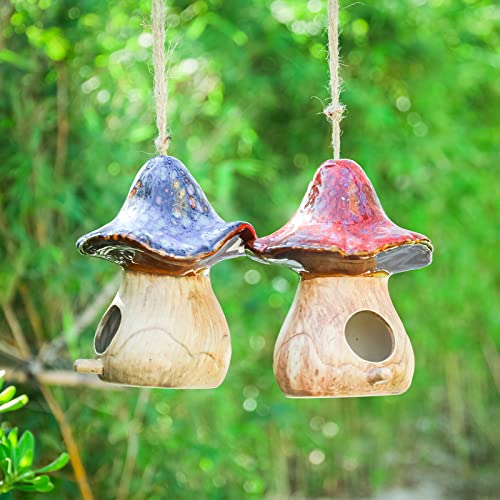 Yinns Hanging Bird House, Decorative BirdHouses for Garden Decor, 2 PSC | Birdhouses for Outside, Decorative Mushroom Ceramic Bird House for Wild Birds, Finch, Cardinal, and Bluebird - color: D-blue and red
