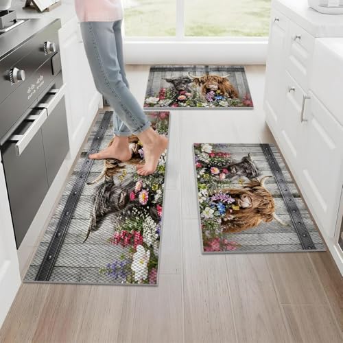 Farmhouse Kitchen Rugs Set of 3, Non Slip Washable Durable Stain Resistant Floor Mat Set,Highland Cow Floral Fence Retro Kitchen Runner Rug 16"X24"+20"X32"+20"X47" - color: Multicolour-highland Cow Floral