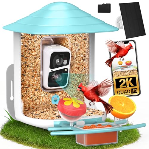birdsnap® TUC Bird Feeder with Camera Solar Powered 2K Video with 32GB Card | AI Bird Species Identification, Squirrel-Proof, IP65 Waterproof, Outdoor Wireless, 2.4G WiFi, Gift for Mom Dad Bird Lovers - color: Light Blue