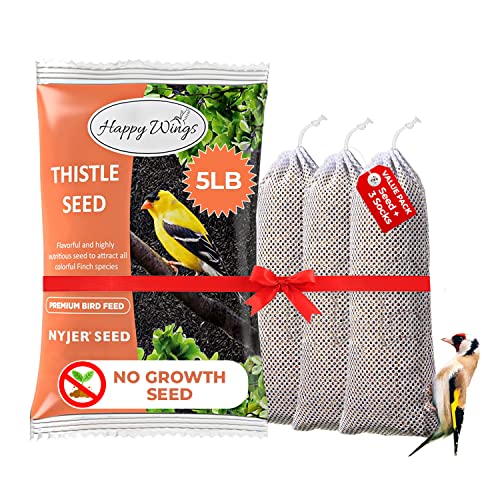 Happy Wings 5LB Thistle Seed (Nyjer) Bird Food & Empty Sock, Extra Clean | Oil Rich, High Fat & Energy Content, Single Grain, USDA & BRC-GS Approved, Finches, Sparrows, Chickadees, Cardinals, No Mess