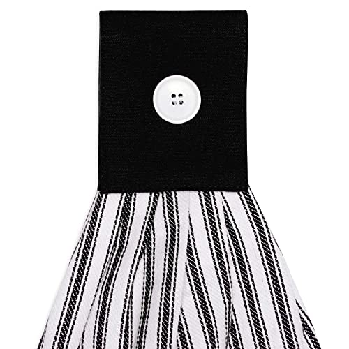 Black and White Ticking Stripe Hanging Kitchen Dish Hand Towel Cotton with Button Accent, Set of 2 - color: Black