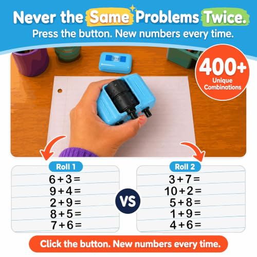 GoldenEgg Math Teacher 4-in-1 Math Roller Stamp, Addition, Subtraction, Multiplication & Fill-in-the-Blank Practice Tool for Kids, Classroom & Home Use (Blue) - color: Blue