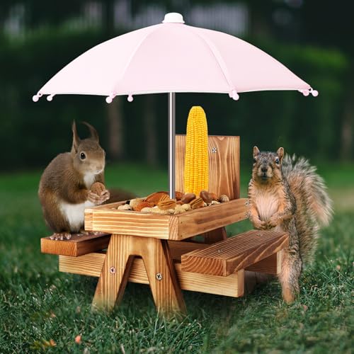 Gnodary Squirrel Feeder with Umbrella, Squirrel Feeders for Outside, Squirrel Picnic Table Feeder - Chipmunk Feeder Hold Corn, Corn Cob, Peanuts (Light Pink) - color: Light-Pink