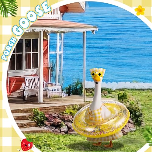 Bikini Porch Goose Outfits with Sunglasses and Swimming Tube for 23" Summer Goose Costume Garden Patio Statue Decor(Yellow Plaid) - style: Yellow Plaid