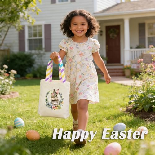Easter Basket Bunny Canvas Tote Bag, 12.2x11 Inches, Natural Canvas, Hand-Carry, for Gift and Easter Egg Collection - color: C-bunny