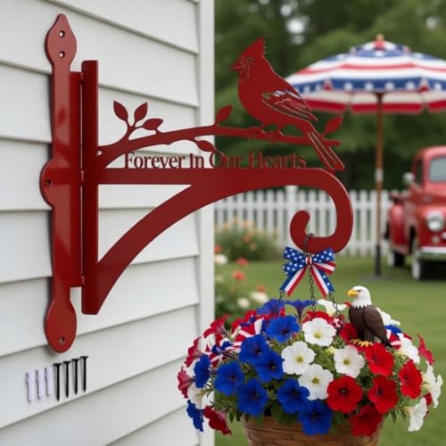 Cardinal Memorial Plant Hanger Hook, Sympathy Gift – 8.3"x9.8" Rustproof Metal Bracket with Forever in Our Hearts Red Cardinal Bird, Holds Planters Feeders Wind Chimes Lanterns Indoor Outdoor