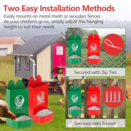 2Pack Chicken Grit and Oyster Shell Feeder for Hens – US Patent Pending – Heavy-Duty Metal Chicken Feeder with Rounded Edges – Chicken Coop Accessories Improve Eggshell Quality and Hen Health