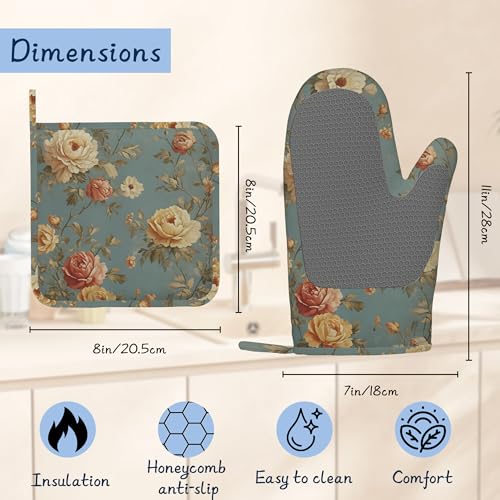 Oven Mitts and Pot Holders Sets,Vintage Rose Flowers Thick Cotton Kitchen Oven Mitt Set,Rustic Floral Waterproof Anti-Slip Silicone Mittens for Baking,Cute Cooking Utensils Set for Bakeries Barbecues - color: Vintage Rose Flowers