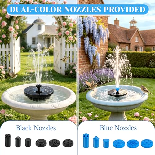 Yeomi 1.5W Solar Bird Bath Fountain with 12 Nozzles in 2 Colors | Floating Solar Fountain Pump Solar Water Fountain for Small Pond Patio Outdoor Landscape Decoration - Black + Blue Nozzles - color: 1.5w Solar Fountain + Black&blue Nozzles