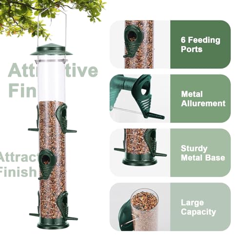 2PK Metal Bird Feeders with 6 Feeding Ports,Tube Bird Feeder with Steel Hanger,Wild Bird Feeder for Outdoors Hanging, Attracting Birds in Your Lawn, Garden, Balcony (Green) - color: Green 2 PACK
