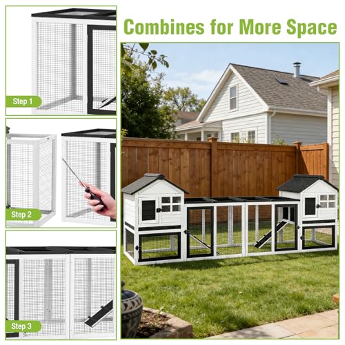 GUTINNEEN Large Rabbit Hutch Outdoor Wooden Chicken Coop Indoor Weatherproof Bunny Cage Guinea Pig House with Waterproof Roof, Leak-Proof Pull Out Tray, Lockable Door for Small Animals (Black) - color: Black & White