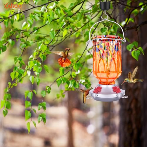 Hummingbird Feeders for Outdoors with Ant Moat, Hand Blown Glass Hummingbird Feeder, 4 Feeding Ports with Perch, Outdoor Garden Décor, 15 OZ, Orange - color: Orange