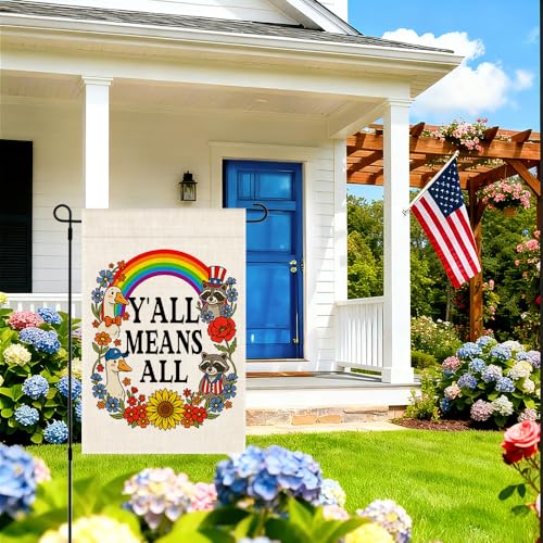 RZHV Y'ALL MEANS ALL Double-Sided Garden Flag for Outdoor House Yard Sign Garden Decor Parade, Funny Motivational Silly Goose Raccoon Social Justice Yard Flag, Inclusive Outdoor Decoration Banner - color: Y'all