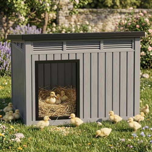 Large Chicken Coop with Hydraulic Air Rod, Resin Duck Coop with Elevated Floor and Air Vents, Backyard Poultry Pet Shelter with Weatherproof Openable Roof, for Chicken, Ducks, Rabbits, Grey - color: Grey, size: 42.9"L x 33.0"W x 31.6"H