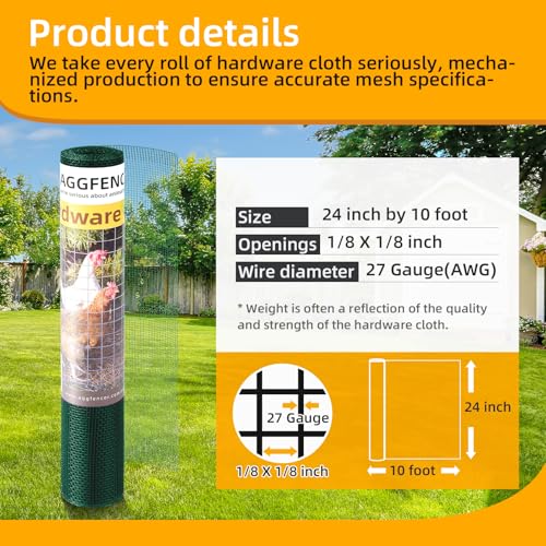 24in x 10ft Green Hardware Cloth 1/8 inch 27Ga PVC Coated Wire | Welded Metal Chicken Wire Fencing, Vinyl Coated Galvanized Wire Mesh Screen Roll, for Garden Plant Fencing Bee Screen - color: Green, size: 24in x 10ft
