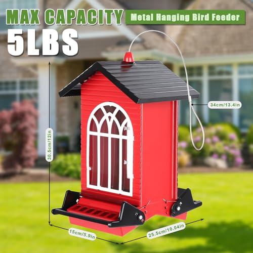 Gbekery Squirrel Proof Bird Feeder for Outdoors,5LB Large Capacity,Metal Wild Bird Seed Feeder with Bilateral Weight-Activated Perches for Outside Hanging,Finch,Cardinal,Blue Jay,Garden Decoration,Red - color: Red