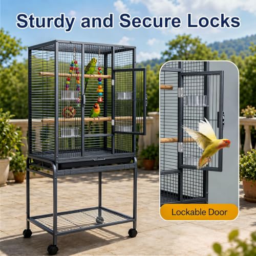 54-Inch Bird Cage with Horizontal Wire Design, Wrought Iron Bird Flight Cage with Rolling Stand, and Slide-Out Tray Suitable for Parrot, Cockatiel, Lovebird, Finch, Pigeon.