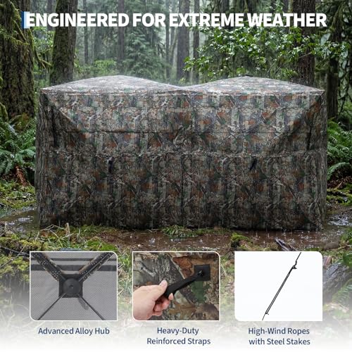 Hunting Blinds with See Through Panels, Portable Hunting Tent for Turkey Deer Duck Hunting, Pop Up Ground Blind with Silent Windows, Camo Concealment, Weather-Resistant Outdoor Shelter w/Carry Bag - size: 116.5x58.27x65.75 Inch