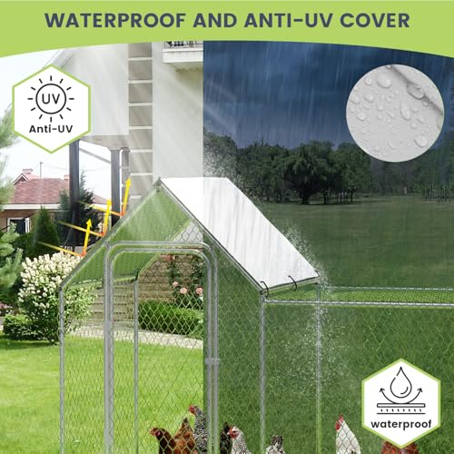 GarveeLife Metal Chicken Coop, Large Chicken Run with Waterproof and Anti-UV Cover, Walk-in Chicken Coop for 6/10 Chickens (9.8 ft L x 3.3 ft W x 5 ft H)