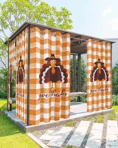 Outdoor Curtains for Patio, Thanksgiving Turkey Waterproof Blackout Outside Curtain for Porch/Pergola/Gazebo, Fall Orange Farmhouse Plaid Thermal Insulated Drapes for Cabana, 2 Panels, 54 x 108 Inch - size: 54"W x 108"L (Pack of 2)