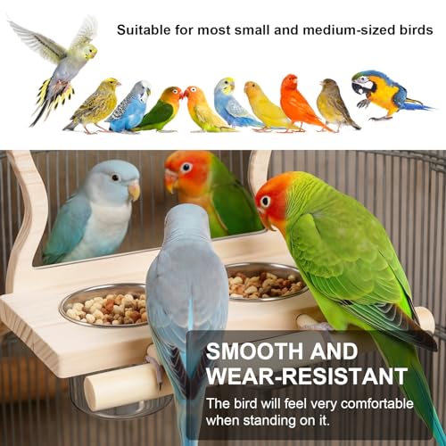 Bird Perch Platform Toy with Mirror, Standing Rack & Stainless Steel Bowl - Wooden Play & Exercise Gym Stand, Cage Accessory for Cockatoos, Lovebirds, Budgies, Pacific Parrotlets & Canaries