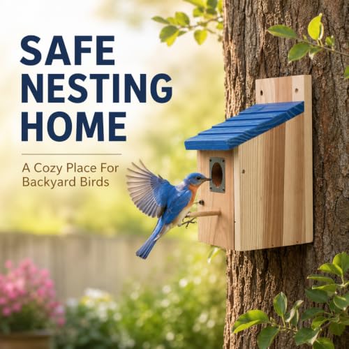 Wooden Birdhouse, Natural Cedar Nesting Box with Blue Roof, Predator Guard, Cleanable Door for Finch, Wren, Sparrow