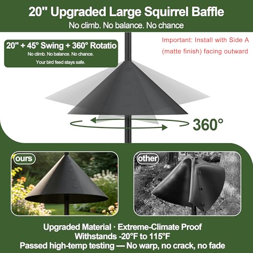 Bird Feeder Pole Squirrel Proof – Heavy Duty 107" Outdoor Stand | 1" rustproof steel pole, anti-corrosion. 20" baffle blocks squirrels. Handles extreme temps. Fits most bird feeders. - color: Black with baffle, size: 107"