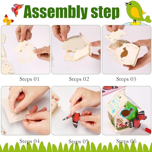 Outus 12 Pcs Wooden Birdhouse Craft Kits to Build, 4 Shapes Wooden Unfinished Bird House with Butterfly Sticker for and Arts Crafts Bulk Painting Kits (Lovely) - style: Lovely