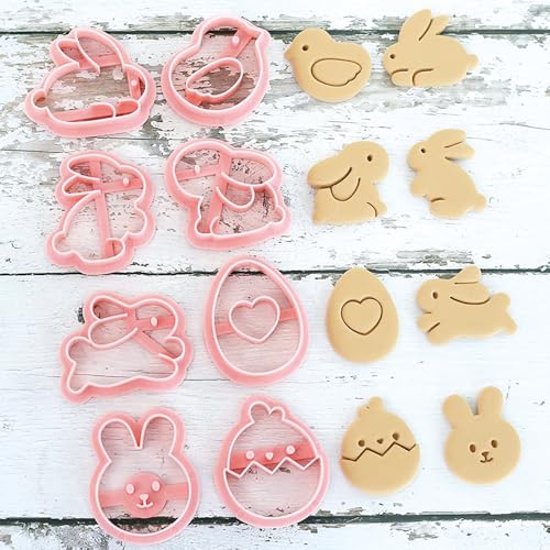 8pcs Mini Easter Cookie Cutters, Bunny, Egg & Chick Shapes | One-Touch Raised Design Easter Cookie Stamps for DIY Baking, Decorating, and Party Fun