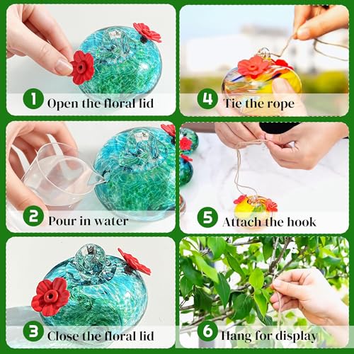 6 PCS Hummingbird Feeders for Outdoors Hand Blown Glass Hummingbird Feeder | 3.1 Inch Hanging Glass Humming Bird Feeders with 2 Flower Feeding Ports for Window Outside Garden Decor Gift