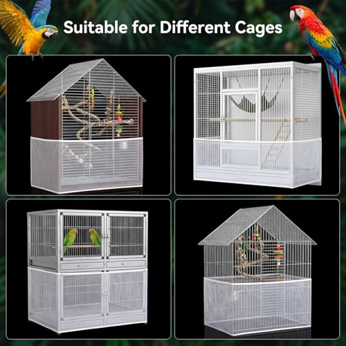 Large Bird Cage Seed Catcher Adjustable Soft Airy Skirt Guard Birdcage Nylon Mesh Net, White Bird Cage Net Cover Skirt Seed Guard for Parrot Parakeet Macaw Round Square Cages