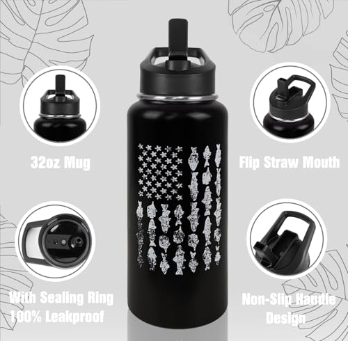 Fishing Water Bottle with Straws Fish Insulated Water Bottle Gifts for Men Dad Papa Husband Fisherman Fathers Day,Anniversary,Christmas,Birthday Travel Thermal Double Walled Vacuum Cup-32 oz - color: black fishing