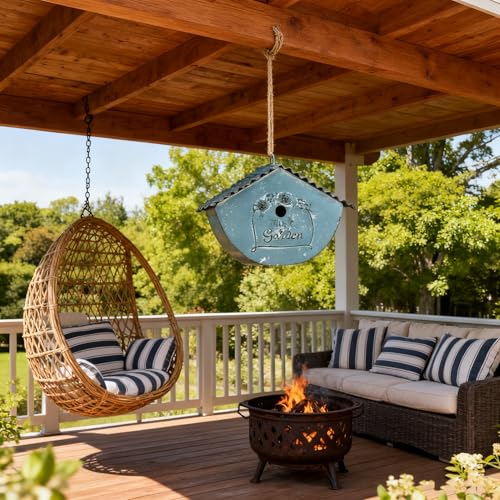 Vintage - Style Decorative Birdhouse, Rustic Metal Bird House with My Garden Distressed Finish, Hanging Bird Home for Garden and Outdoor Decor - color: Blue - Garden
