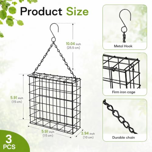 3Pcs Outdoor Suet Cage Bird Feeder, 5.4 x 4.92 x 1.77 Suets Hanging Bird Feeder, Single Suet Cake Capacity, Fruit Holder Style Suet Nugget Feeder for Garden Yard Outside Hanging