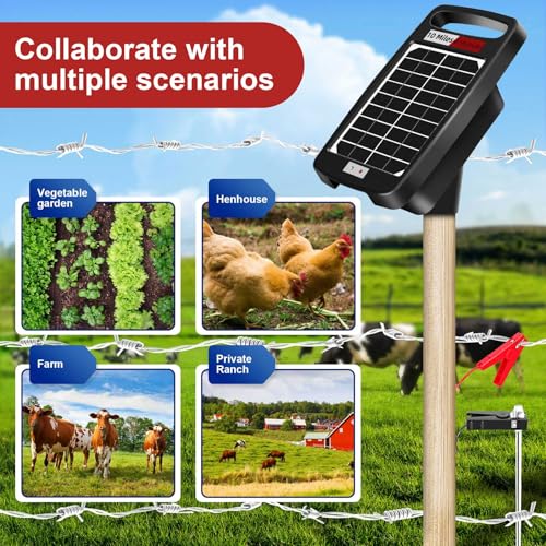 10 Miles Solar Powered Electric Fence Charger, 0.18J Portable for Livestock | 24/7 Day/Night Mode, Portable Solar Panel/AC Dual Power,10200V Output,Weatherproof, Easy Setup, Deters predators for Gardens - size: 10M 0.18J