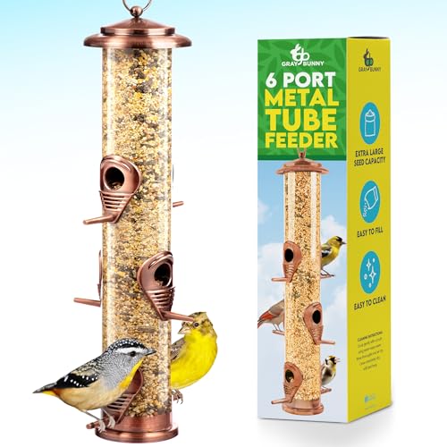 Gray Bunny Squirrel Proof Bird Feeders for Outdoors 6 Port Metal Tube | Cooper bird feeder squirrel proof, locking lid & adjustable hanger, chew-proof, weather resistant, easy clean - color: Copper