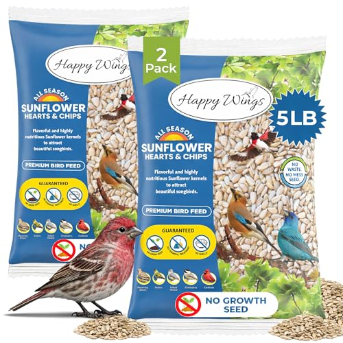 Happy Wings 10LB Sunflower Heart & Chips (Kernels) Bird Food, No Waste | No Mess Feeding, High in Oil & Protein, High Fat & Energy Content, USDA & BRC-GS Approved, Cardinals, Chickadees, Finches - size: 5 Pound (Pack of 2)