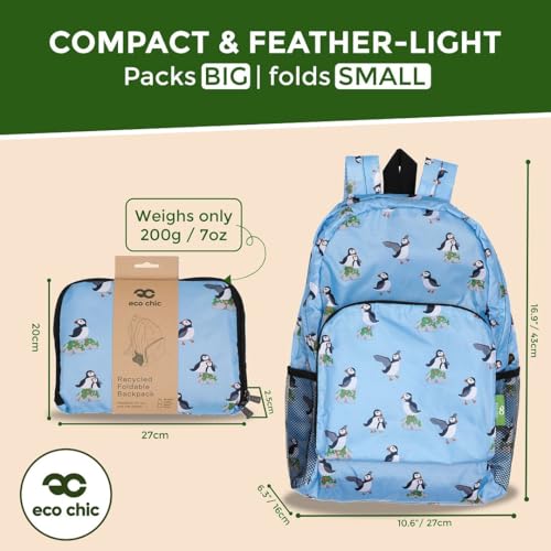 ECO CHIC Hiking Lightweight Packable Backpack - Foldable Daypack for Travel & Hiking & Outdoor Adventures - Waterproof Backpack from Recycled Materials (Multi Puffin Blue) - color: Multi Puffin Blue