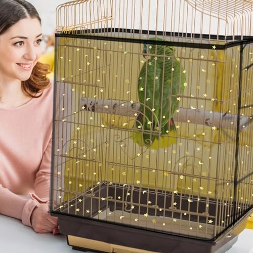 Daoeny 2PCS Bird Cage Seed Catcher, Large Bird Cage Cover, Adjustable Soft Airy Nylon Mesh, Birdcage Cover Skirt Seed Guard for Parrot Parakeet Macaw Round Square Cages (Black & White Sequins Star) - color: Black & White Sequins Star