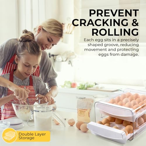ALKAMI Egg Organizer for Refrigerator with Lid, Multi-Layer Egg Storage Container for Fridge 40 Eggs, Clear Plastic Dispenser Tray with Anti-Roll Cups, Large Capacity Space Saving Egg Bin