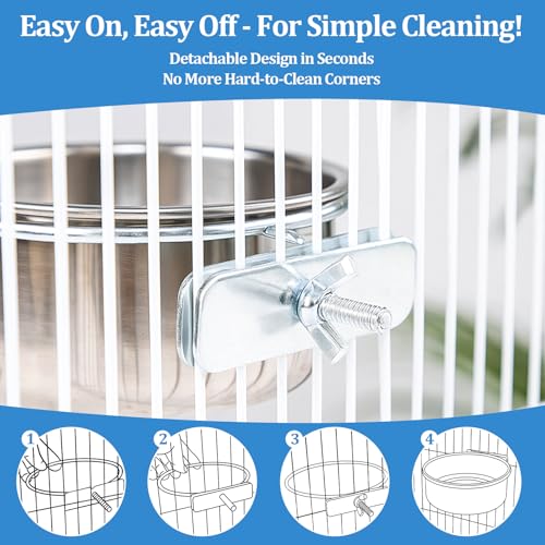 2 Pack Stainless Steel Bird Food Bowl Small Bird Feeding Dish Cups for Cage Parrot Food Bowl Cage with Clamp Holder for Parrots, Cockatiels, Small Animals (M+L) - size: M+L