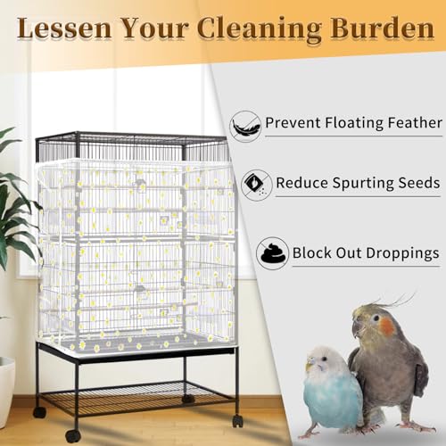 Daoeny Bird Cage Seed Catcher, Large Bird Cage Cover, Adjustable Soft Airy Nylon Mesh Net, Birdcage Cover Skirt Seed Guard for Parrot Parakeet Macaw African Round Square Cages (White, Daisy Design) - color: White, Daisy Design