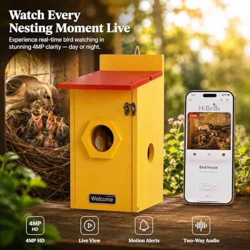 Smart Birdhouse with Camera for Backyard Bird Watching, Wooden Outdoor Nesting Box with App Live View, Motion Detection, Color Night Vision & Two-Way Audio - color: Rustic Cedar, size: Wired Edition