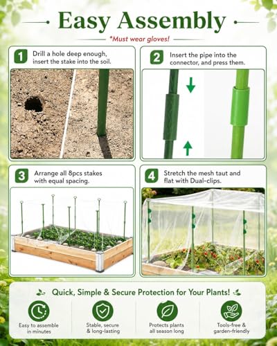 Garden Netting Kit for Raised Beds, 4.9 x 2.3 FT Fine Mesh Plant Cover with Support Stakes & 8 Clips, Wind-Resistant Insect Bird Barrier for Seedlings, Vegetables, Fruits & Patio Planters - size: 4.9×2.3 FT-Oval Shape