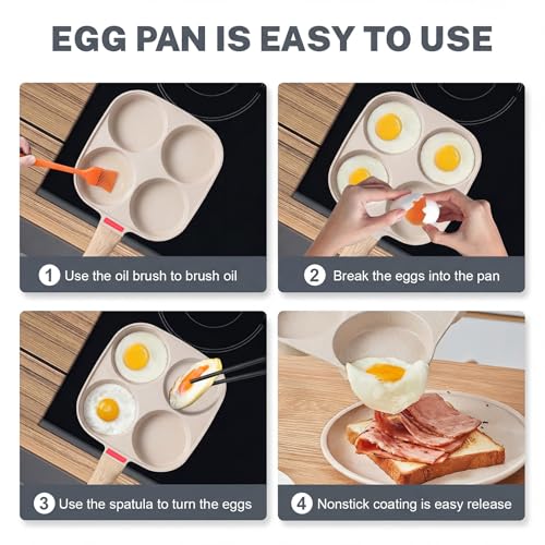 4‑Cup Nonstick Egg Pan Set with Lid – Aluminum Omelette Skillet for Breakfast, Includes Silicone Scraper, Oil Brush, Chopsticks & Cleaning Cloth – Compatible with Gas & Induction Cooktops (White) - color: White