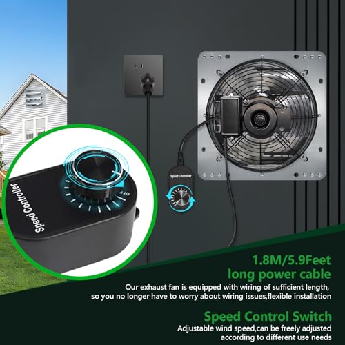 Shutter Exhaust Fan, 14 inch Wall Mount Attic Fans w/Speed Controller,1558 CFM,Chicken Coops Vent Fan for Greenhouse, Gable, Barn, Garage, Shed Ventilation Fan - color: With Speed Control, size: 14inch